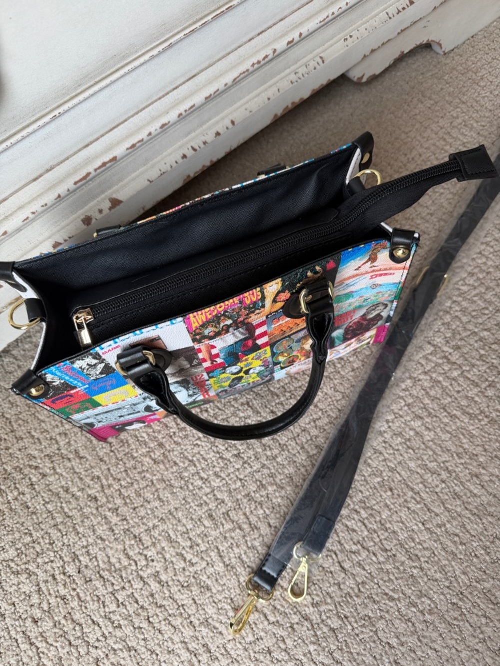 NEW multicolor 80s Albums themed Women’s Handbag w/ Black Handles/gold hardware. - Picture 6 of 11
